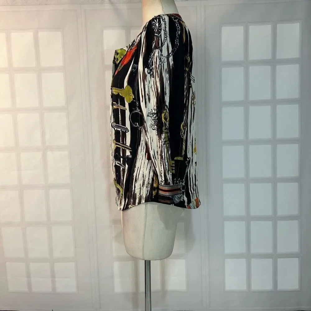 Diane von Furstenberg silk Key print Graphic long sleeve Blouse Size 10